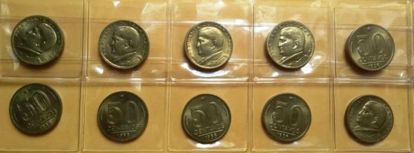 Lote com 10 Moedas - 50 Centavos - 1956 - Bronze/Alumino - FC - MVM223
