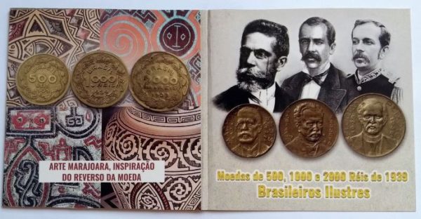 Folder com serie de Moedas de 500-1000-2000 Reis  - Bronze/Alumínio - Brasileiros Ilustres - 1939 - Brasil
