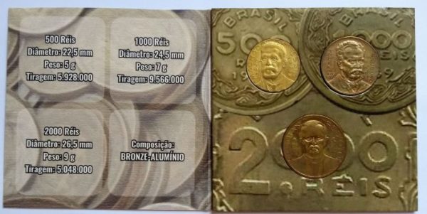 Folder com serie de Moedas de 500-1000-2000 Reis  - Bronze/Alumínio - Brasileiros Ilustres - 1939 - Brasil