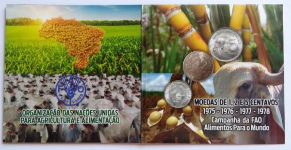 Folder com serie de Moedas de 1-2-5 Centavos  - Aço - FAO - 1975 - Brasil