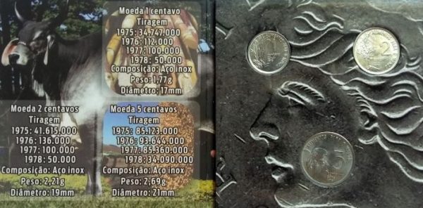 Folder com serie de Moedas de 1-2-5 Centavos  - Aço - FAO - 1975 - Brasil