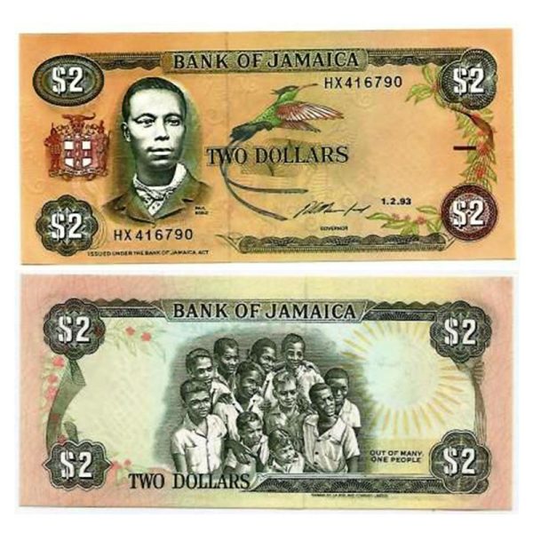 Cédula - Jamaica - Km069e - 2 dólares -1993 - FE