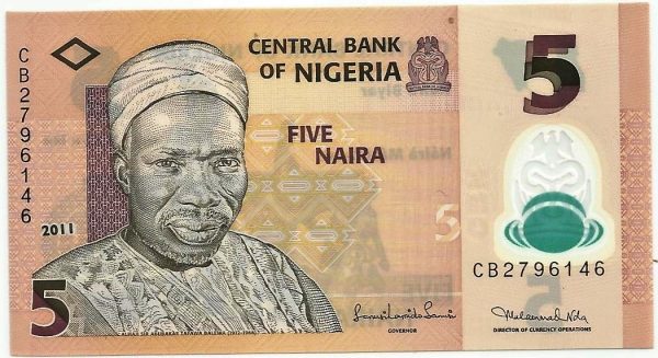 Cédula - Nigéria - Km038c - 5 Naira - 2011 - Polímero - FE