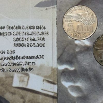Folder com Serie de 3 Moedas 5000 Reis - Prata - Santos Dumont - 1936-1937-1938 - Brasil