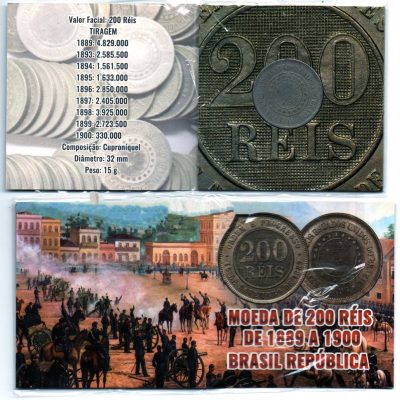 Folder com Moeda - 200 Reis - Cuproníquel - 1894 - Brasil Republica