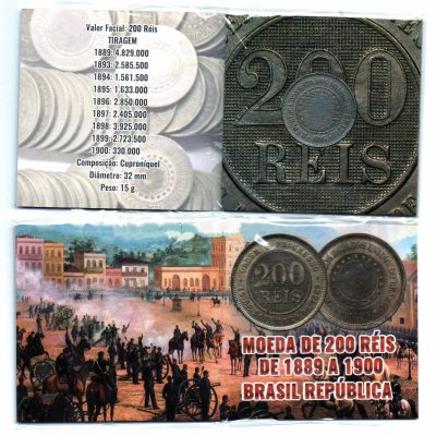 Folder com Moeda - 200 Reis - Cuproníquel - 1895 - Brasil Republica