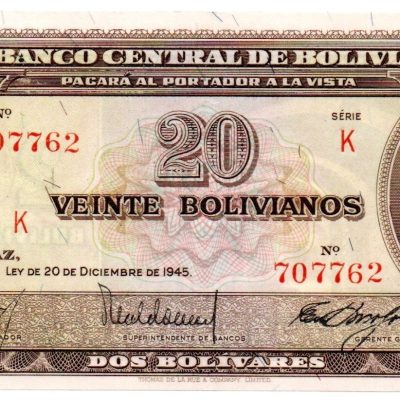 Cédula - Bolívia - Km140a - 20 Bolivianos - 1945 - FE