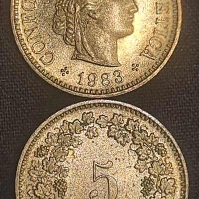 Moeda Suíça – Km026c – 5 Rappen – 1983 – Cuproniquel – 1,80 Gr – 17,15 mm – Excelente Peça