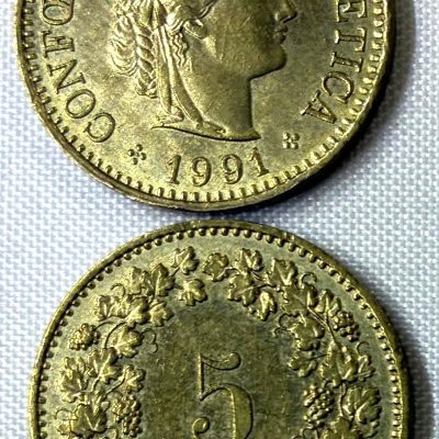 Moeda Suíça – Km026c – 5 Rappen – 1991 – Cuproniquel – 1,80 Gr – 17,15 mm – Excelente Peça