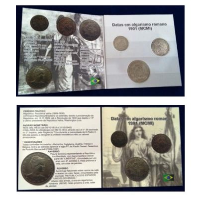 Fôlder com Serie de 100-200- 400 Reis - Cupro-Niquel - Datas em algarismo Romanos - 1901 - Brasil