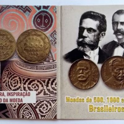 Folder com serie de Moedas de 500-1000-2000 Reis  - Bronze/Alumínio - Brasileiros Ilustres - 1939 - Brasil