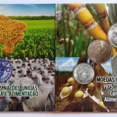 Folder com serie de Moedas de 1-2-5 Centavos  - Aço - FAO - 1975 - Brasil