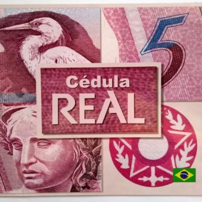 Folder com cédula de 5 Reais - Primeira família