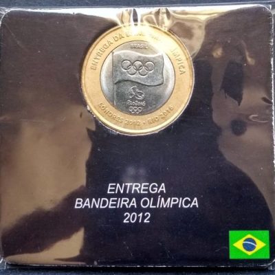 Folder/Encarte com moeda de 1 Real - Entrega da Bandeira Olimpica - 2012 - Brasil