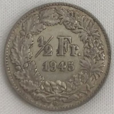 Moeda Suíça - Km023 - 1/2 Franco - 1945 - Prata - 2,50 Gr - 18,20 mm - Excelente Peça