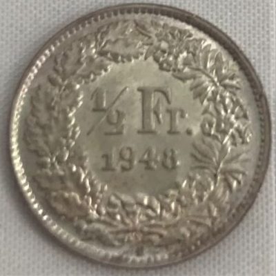 Moeda Suíça - Km023 - 1/2 Franco - 1948 - Prata - 2,50 Gr - 18,20 mm - Excelente Peça