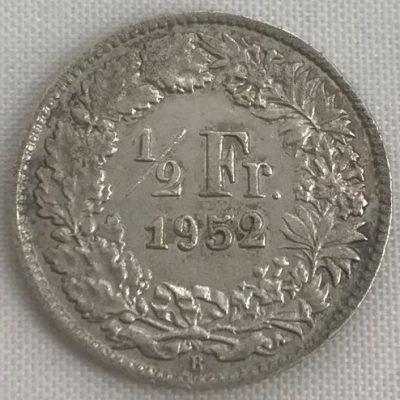 Moeda Suíça - Km023 - 1/2 Franco - 1952 - Prata - 2,50 Gr - 18,20 mm - Excelente Peça